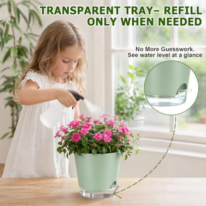 QRRICA 5/5.5/6/6.5/7/8 inch Self Watering Pot Set, Visible Water Level Planter with Transparent Reservoir & Drainage Holes, Plastic Flower Pots with Cotton Rope for Indoor/Outdoor Use (Green) - color: Green