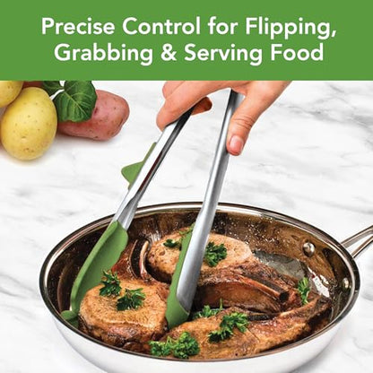 Tovolo Tongs With Silicone Tips Easy Grip 13” Long Kitchen Tongs Stainless Steel Handle For Cooking, Non Scratch Heat Resistant Locking Tongs Silicone Tipped Dishwasher Safe BPA Free, Pesto Green - color: Pesto