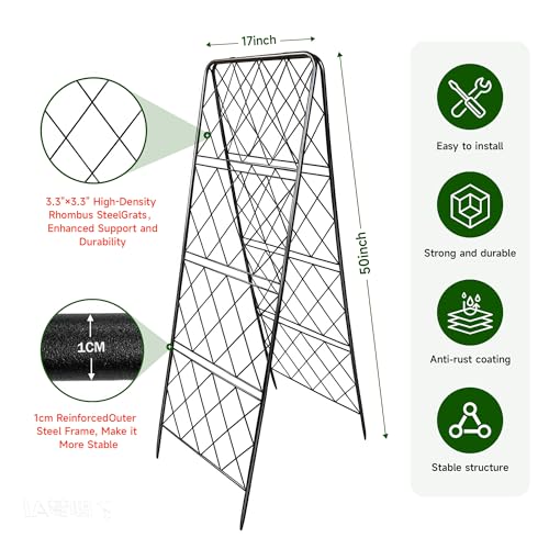 50"x17" Heavy Duty Metal Garden Trellis - Rust-Proof A-Frame Cucumber Trellis with High-Density Rhombus SteelGrats for Climbing Plants, Tomatoes & Raised Beds, Outdoor Use (2 Pack) - color: 2pack