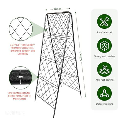 50"x17" Heavy Duty Metal Garden Trellis - Rust-Proof A-Frame Cucumber Trellis with High-Density Rhombus SteelGrats for Climbing Plants, Tomatoes & Raised Beds, Outdoor Use (2 Pack) - color: 2pack