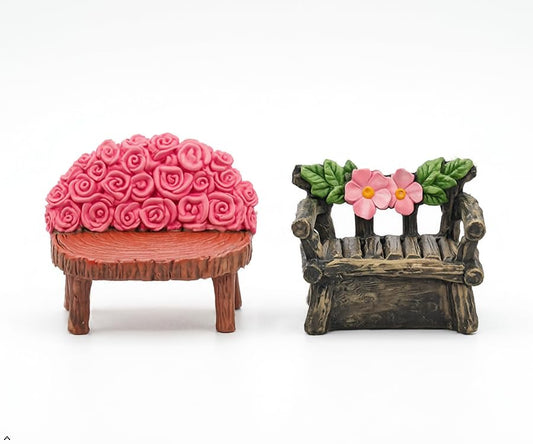 Fairy Garden Miniature Bench and Flower Table Set, DIY Micro Landscape Decor, Resin Craft Accessories (2)