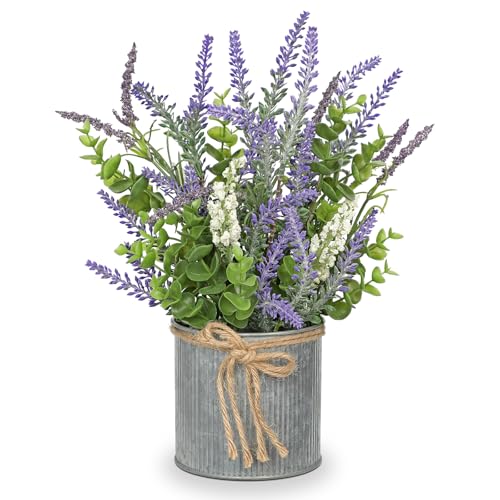 DILATATA Rustic Lavender Flowers Artificial Lavender Decor Fake Lavender Plant in Metal Pot Faux Plants in Pots for Home Bathroom Table Centerpieces Wedding Decor Potted Lavender Flower Purple Decor - size: 13" G.P