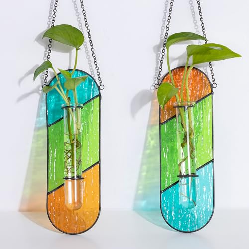 Hewory Stained Glass Window Hanging: 2PCS Propagation Stations Orange&Green - color: Orange-green