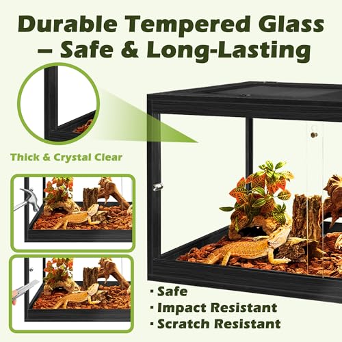 PROLEE 31 Gallon Bearded Dragon Tank, 24 x 16 x 16 Inch Tempered Glass Reptile Enclosure with Metal Mesh Top, Lockable Sliding Front Doors, Large Lizard and Snake Terrarium, Black - color: Black, size: 31 Gallon (24x15.5x15.5 Inch)