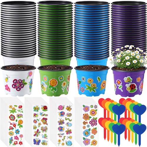100 Sets Garden Pot Craft Kit, Flower Plant Spring Craft Including Plastic Nursery Plant Pots Labels Tags Stickers for DIY Flower Planting Growing Birthday Arts Kit (Cute) - style: Cute