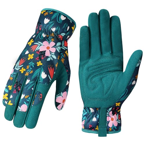 Gardening Gloves for Women, Breathable Leather Garden Gloves,Gardening Gift | Gardening Gift for Lady, Thorn-Proof Puncture-Resistant Work Gloves for Weeding, Digging, Planting Yard Farm and Outdoor Work - color: Green - Pink Flower