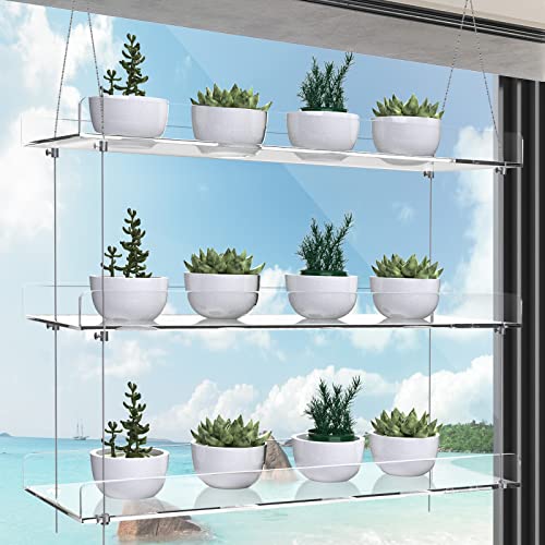 3-Tier Hanging Acrylic Plant Shelves for Windows | Each Tier 16 Inch Long, Height Adjustable Plant Stand, Clear Hanging Plant Stand for Indoor Windows, Grow Herbs,Flower - color: 3 Tier