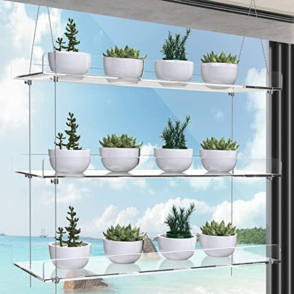 3-Tier Hanging Acrylic Plant Shelves for Windows | Each Tier 16 Inch Long, Height Adjustable Plant Stand, Clear Hanging Plant Stand for Indoor Windows, Grow Herbs,Flower - color: 3 Tier