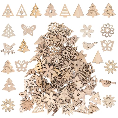 Honbay 100PCS Mini Christmas Tree Unfinished Blank Wood Pieces & Chips - Wooden Flower, Butterfly & Bird Wood Cutouts Ornaments for DIY Crafts & Home Party Decoration