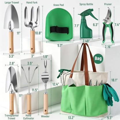 Gardening Tool Set, Heavy Duty Stainless Steel Hand Tools with Wooden Handles, Storage Tote Bag, Ergonomic Design, Ideal Gardening Gifts for Women, Men, Mom and Dad