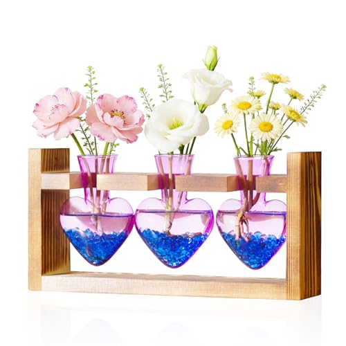 Plant Terrarium with Wooden Stand, 3 Heart Bulb Glass Vases | Wooden Stand Tabletop for Air Planter, Gifts for Mom Plant Lovers Mom Women Wife Grandma - color: Purple