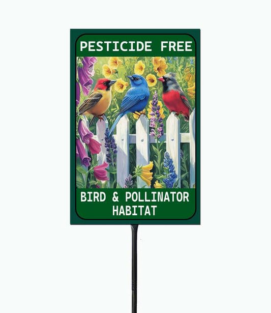 Pesticide Free Bird & Pollinator Habitat, 36" Tall Metal Sign with Stake, High-Contrast Print, 8" x 12", Garden Decor, Outdoor Lawn Art - color: c2, size: Black Threaded 36" Ht
