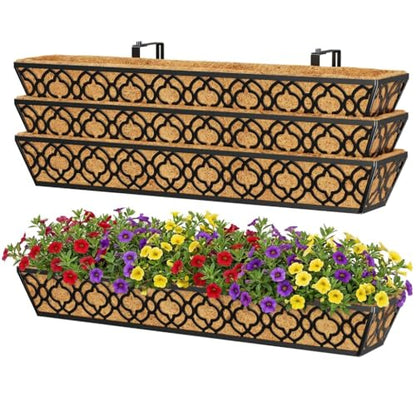 Y&M 36 Inch Window Deck Planter with Coco Liner, Metal Hanging Flower Boxes for Fence, Railing, Balcony, and Outdoor Garden Lawn – 4pcs - color: Flower 36in 4p