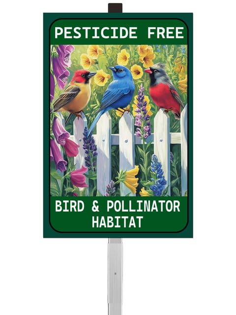 Garden Signs 28" Tall Stake, Pesticide Free Bird & Pollinator Habitat, High-Contrast Metal Print Yard Sign, 8" x 12" - color: c2, size: Silver Sleeve 28" Ht