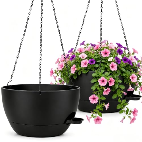 12" Self Watering Hanging Planters with Chains, Black, 2 Pack | 43 Oz removable self-watering reservoir, for indoor/outdoor plants, patio & garden - color: Black, size: 2 pack 12 inches