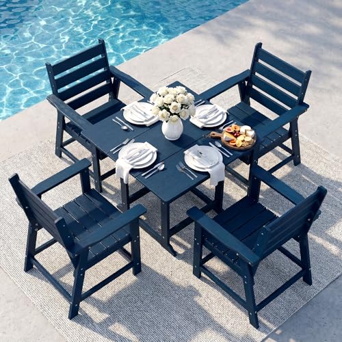 5 Piece Patio Dining Set, HDPE All-Weather Furniture,Navy | Waterproof 4 Chairs with Armchair Seat & 1 Square Table, Natural Wood Look for Backyard, Garden, Patio - color: Navy, size: Square 5-Piece Dining Set