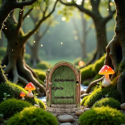 Green Wooden Fairy Door - Miniature Fairy Garden Accessory - Garden Sculpture Lawn Ornament - Art Outdoor Decor Gnome Door Figurine