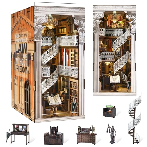 MiniCity DIY Book Nook Kit for Adults, 3D Wooden Puzzle Bookend Bookshelf Insert Decor with LED Light and Dust Cover (Law Library) - color: Law Library