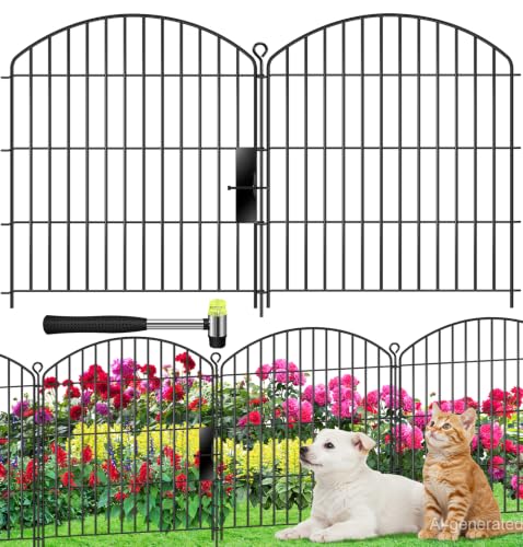 Decorative Garden Fence with gate 32in (H) x22ft (L),Arched Metal No Dig - size: 10 Panels-32in(H) x 22ft(L) with Gate