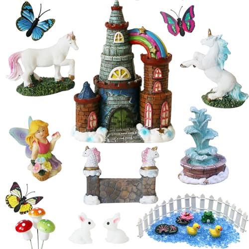 BangBangDa Unicorn Figurines Fairy Garden Accessories - Miniature Unicorn Gift Set Outdoor Garden Decoration – Fairy Figurines Castle Fountain Girl Birthday Gifts (Set of 23)