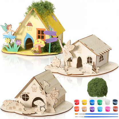 DoubleFill 3 Sets Wooden Fairy House DIY Kit Craft - DIY Fairy Garden with Paints & Decorations - Arts Crafts & Birthday Gift for Craft Activity Party Decor (Lovely Short) - style: Lovely Short