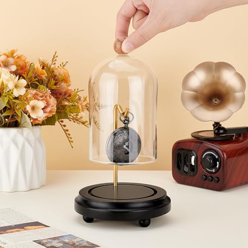 PH PandaHall 4.5" x 6.6" Pocket Watch Display Case Watch Glass Display Dome Cloche Clear Bell Jar with Solid Wood Base with Golden Metal Hook for Pocket Watch Medals Collectibles Photos Ornaments