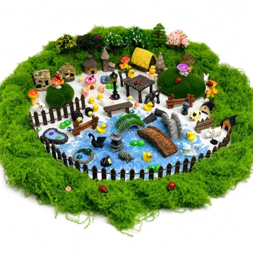 90Pcs Fairy Garden Kit Complete Miniature Figurines Accessories Set with Faux Moss Moss Houses Mushrooms Animals Trees Windmill Fences Pond Decor for Indoor Outdoor Lawn Plant Pots
