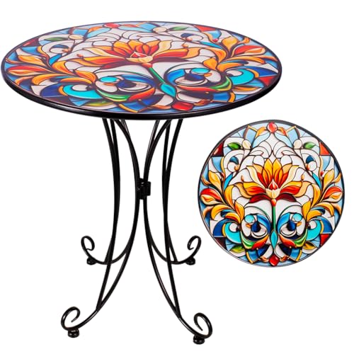18" Mosaic Metal Outdoor Side Table | Round Accent Table, Metal Indoor Small End Tables, Plant Stand Tables for Patio Balcony Garden Bedside - color: Mosaic-multi