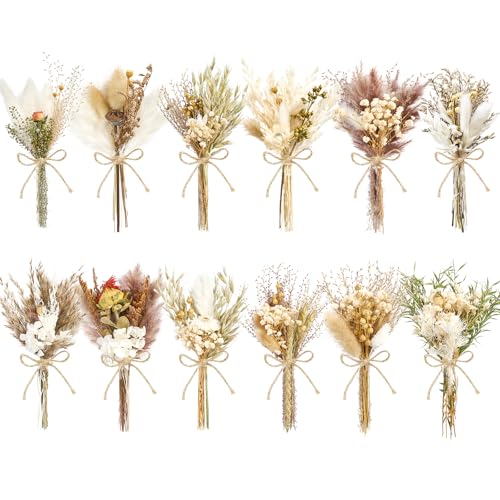 12/24PCS Handmade Dried Flower Bouquet with Stems Natural Dried Wildflowers 7.5 Inch Mini Dry Flowers for Vase Farmhouse Decor, Wedding Styling, Photography Props, Gift DIY(12pcs, Rustic) - color: Rustic Color