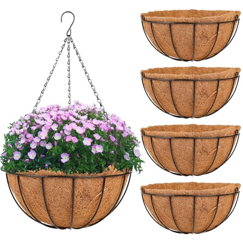 HKZ Hanging Basket Planter Plants Outdoor - 4 Pack 10 Inch Metal Hanging Planter with Coco Liners, Chain Hook Hanging Flower Pots for Indoor Outdoor Garden Porch Decoration - size: 10 Inch