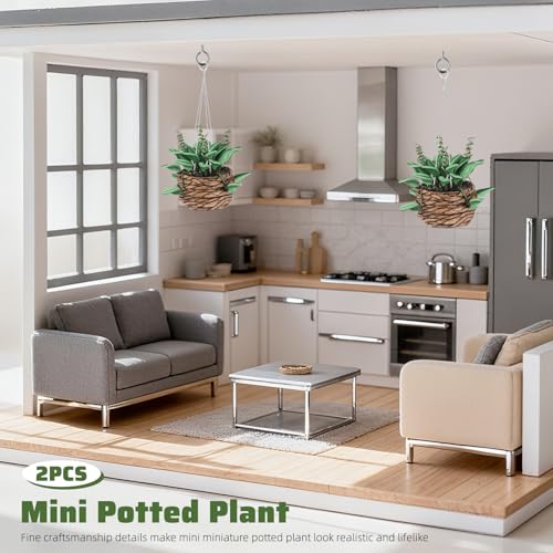 TOYANDONA 2Pcs Miniature Dollhouse Plants, 1:12 Scale Resin Hanging Potted Bonsai for Dollhouse Accessories Decor, Tiny Artificial Greenery for Mini Garden, Living Room & DIY Crafts
