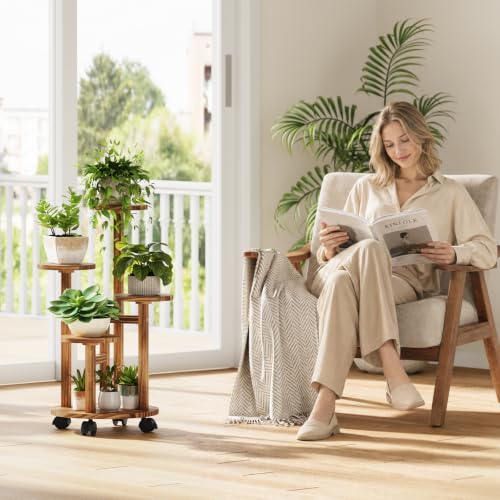 Uneedem 4 Tier Plant Stand Indoor with Wheels, Wood Tall Corner Plant Shelf | Rolling Plant Rack for Indoor Plants, Multi-tier Planter Pot Holder Flower Stand for Outdoor Living Room Balcony Garden Patio