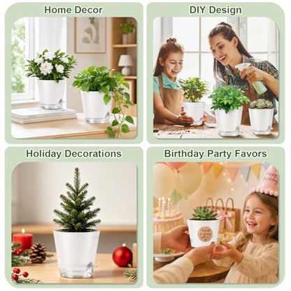QRRICA 5/5.5/6/6.5/7/8 inch Self Watering Pot Set, Visible Water Level Planter with Transparent Reservoir & Drainage Holes, Plastic Flower Pots with Cotton Rope for Indoor/Outdoor Use (White) - color: White