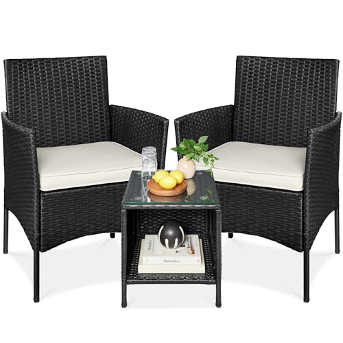 Best Choice Products 3-Piece Outdoor Wicker Conversation Bistro Set, Space Saving Patio Furniture for Garden w/Side Table - Black/White Sand - color: Black/White Sand