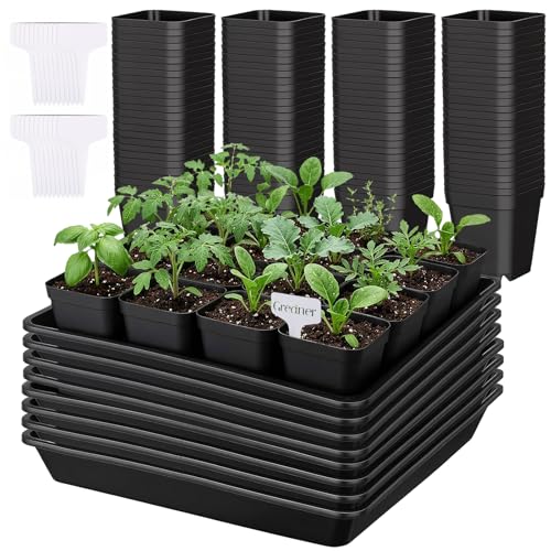GREANER 8PCS 12 Inch Plant Trays for Pots, 120PCS 2.7 Inch Seed Starter Pots with Drain Holes, Sturdy Seedling pots for Planting, Succulents, Transplanting, Cuttings(Black, 20PCS Plant Labels) - size: 2.7" Pots-120PCS + 12" Trays-8PCS