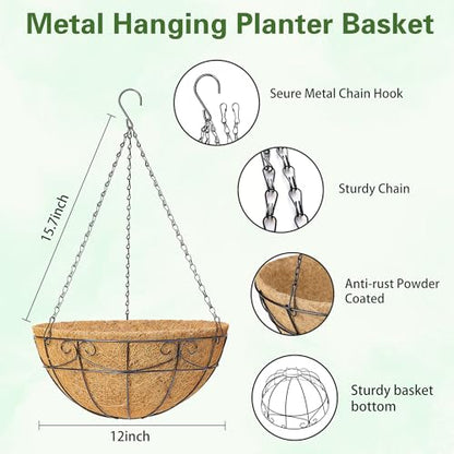 4 Pack 12 Inch Hanging Baskets for Plants Outdoor - Metal Hanging Planters for Outdoor Plants with Coco Liners - Heavy Duty Empty Hanging Flower Pots for Porch Patio Garden - size: 12 Inch