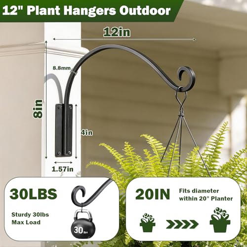 Heavy Duty 12 Inch Plant Hangers Bracket Outdoor 2 Pack Bird Feeder Hanger | 50LBS Capacity, Rust-Proof Metal Wall Hook, Outdoor Hand-Forged, For Hanging Plants, Bird Feeder, Wind Chime, Flower Baskets - size: 12in-2Pack