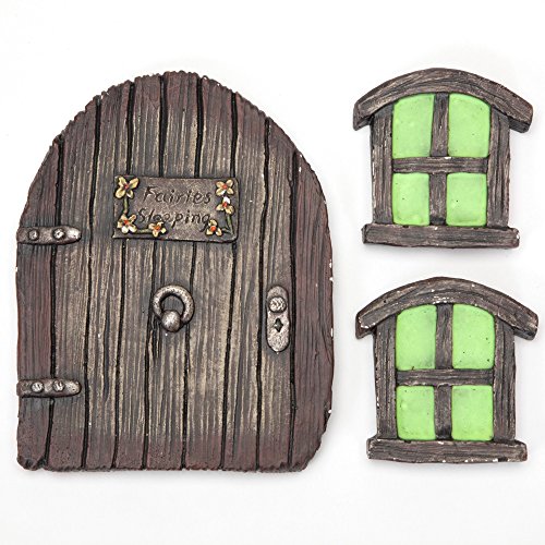 Bits and Pieces Miniature Fairy Garden Tree Statues, Glow in The Dark | Fairies Sleeping Door and Windows, Tree Hugger Yard and Garden Sculptures, Mystical Gnome Home
