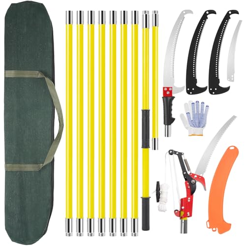 Pole Saws for Tree Trimming, Manual Pole Saws, Tree Pruner Extendable for garden (30FT Fiberglass Handle With Scissor-Yellow) - color: 30ft Fiberglass Handle With Scissor-yellow