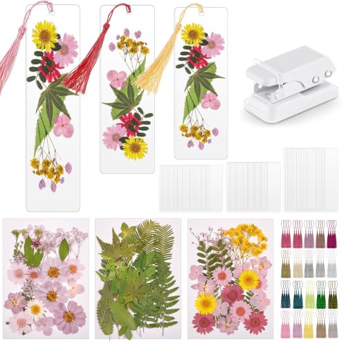 Fuyoooo 176 Pcs Pressed Flower Bookmark Kit,Pink,3 Size | Dried Flowers, Laminating Pouches Tassels Puncher, Craft Kit for Women Adults, Handmade DIY Bookmark Gifts for Book Lovers - color: Pink, size: 3 Size