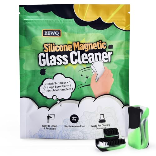 Magnetic Glass Cleaner Kit, Dual Silicone Scrubbers with Handle, Green - color: Green