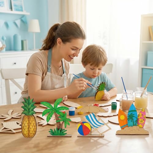 DIY 3D Summer Wood Crafts to Paint, 4 Styles DIY Blank Unfinished Wooden Slices for Craft, Beach Chair Surfboard Pineapple Coconut Tree Cutouts Ornament for Painting Decorations (45 PCS) - size: Summer