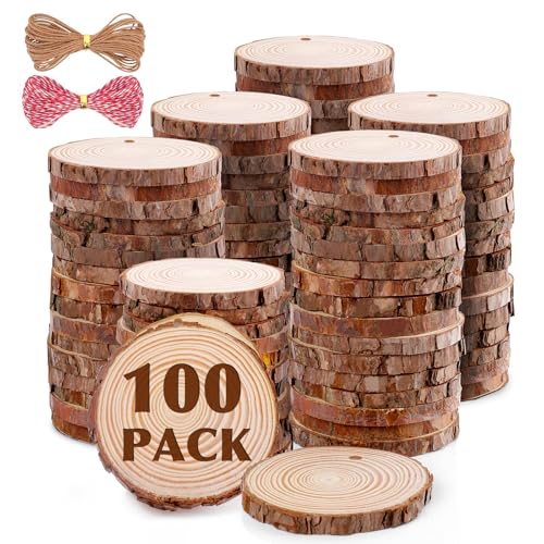 100 Pack Nature Wood Slices for Crafts,2.4-2.8In Unfinished Natural Wood Rounds.Wood Circles Predrilled with Hole and 20m Rope for Wooden Craft Supplies,Painting,Christmas Ornaments,DIY Gifts - size: 2.4-2.8 in 100 pack