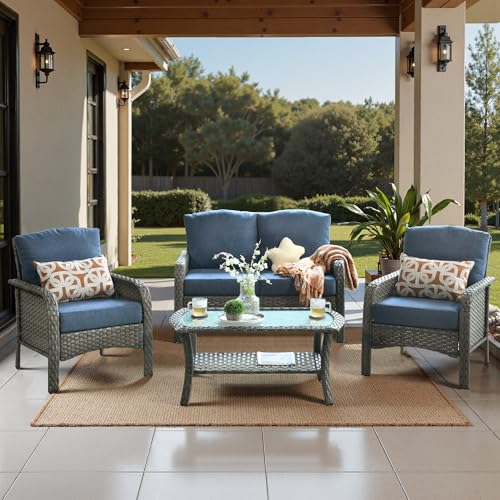 4 Piece Wicker Patio Furniture Set High Back, Denim Blue - color: Denim Blue, size: 4 Pcs Patio Set