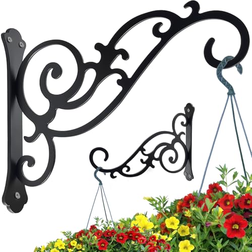 Hanging Planter Hooks 8-Inch 2 Pcs,Outdoor Hanging Brackets Wall Hook Heavy Duty Brackets,Black Iron Planters Hook Indoor/Outdoor Planter Hanger Brackets - size: 8 Inch