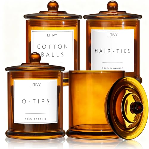 LITIVY 4 Pack Bathroom Organizers and Storage - 16 Oz Glass Qtip Holder & Cotton Pad Dispenser with Lid, Apothecary Jars for Home, Room Decor, Kitchen Organizer (Amber) - color: Amber