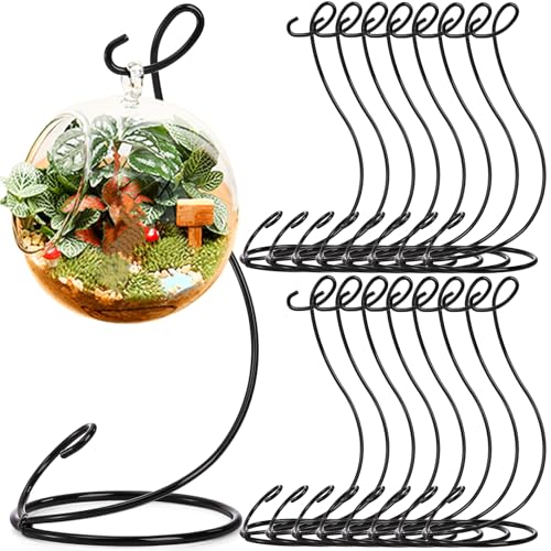 Peohud 16 Pack Ornament Display Stand, 9 Inch Iron Glass Ball Ornament Holder Stand, Air Plant Hanger Stand Home Decors Hook for Hanging Glass Globe, Air Plant Terrarium, Witch Ball, Black