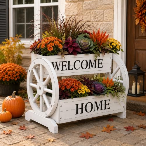24" White Extra Large 2-Tier Wooden Wagon Planter Box | Whitewashed wood flower cart with drainage holes, liner, wagon wheels, and WELCOME HOME detail for porch and patio decor - color: Wagon Planter Box-washed White Finish