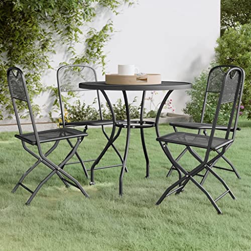 5-Piece Foldable Patio Furniture Set Anthracite Round Steel Dining Table & Mesh Chairs Space-Saving Balcony Bistro Set 31.5" Table for Garden Backyard Small Spaces - color: Anthracite-a, size: 31.5 x 31.5 x 28.3 in (W x L x H)