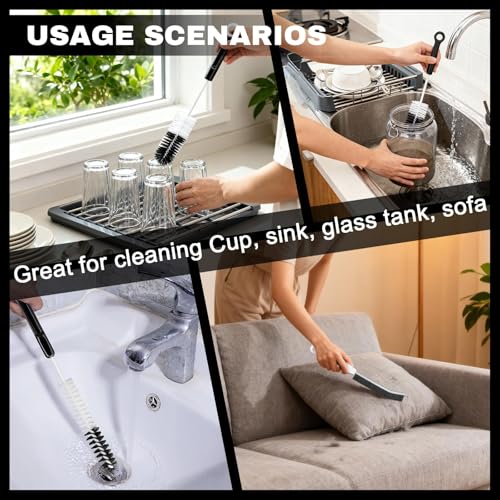 Bottle Cleaning Brush Set, 4pcs Flexible Long Handle Brushes for Bottles | 4-piece Brush Kit with Flexible Bristles and Built-in Tweezers Cleans Narrow Neck Bottles, Straws, Tubes